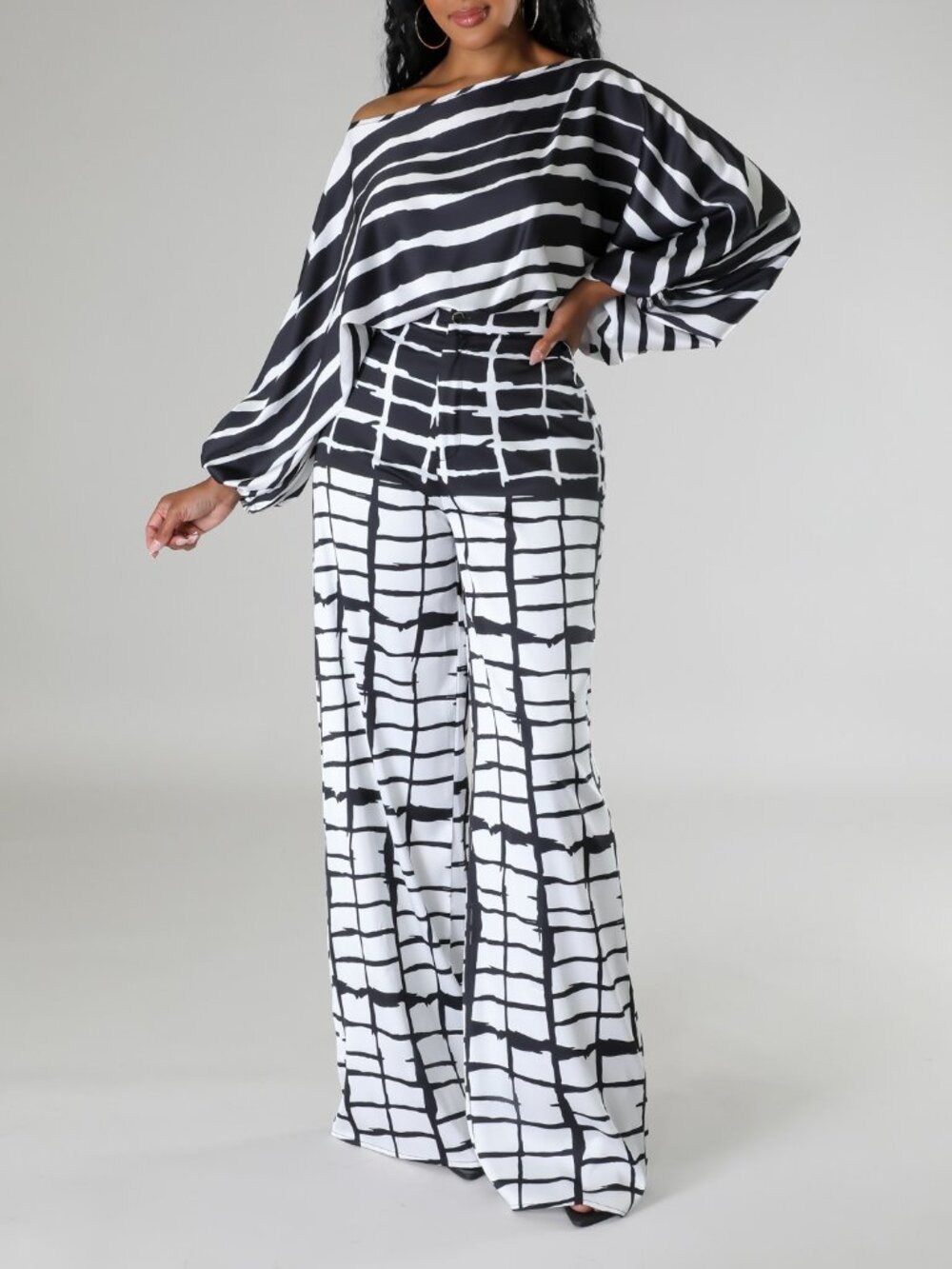 Black and White Wide-Leg Two Piece Set